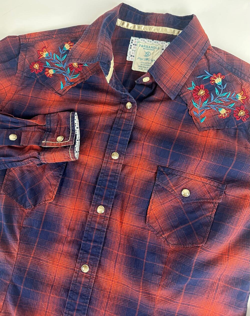 Panhandle Rough Stock Pearl Snap Shirt S Floral Embroidered Western Cowgirl Red
